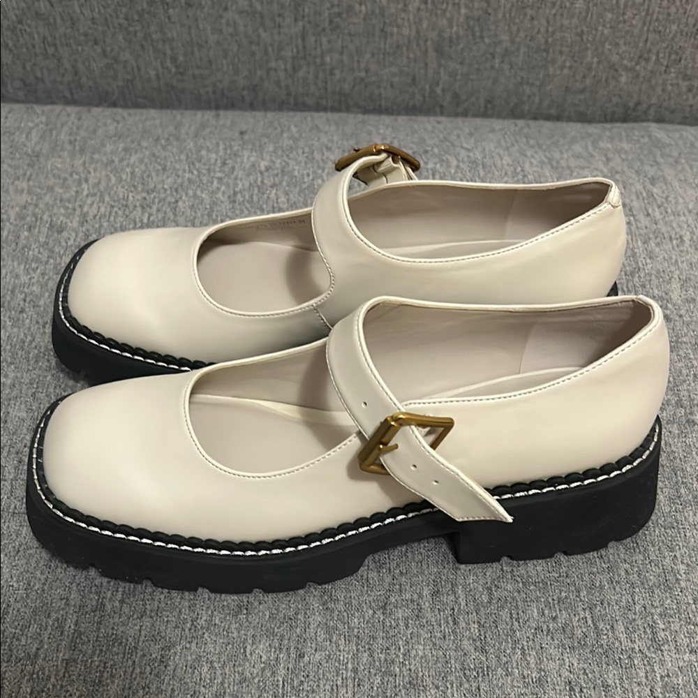 Charles&Keith Buckled Ridged-Sole Chunky Mary Janes - Cream